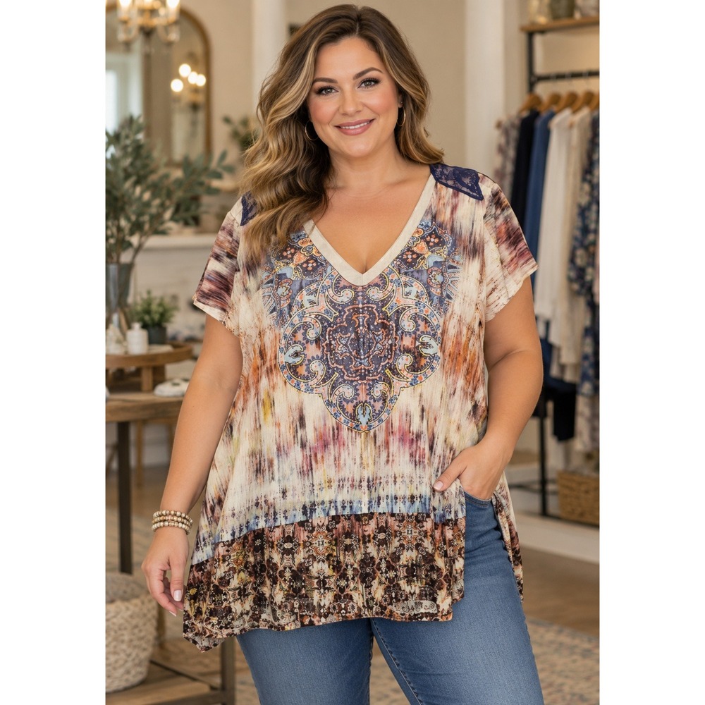 One World Live and Let Live Multi Color Paisley Lace Back V-Neck Top 1x
